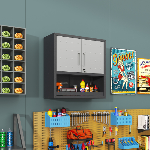 Metal Wall-Mounted Tool Storage Cabinet With Locking Door And 1 Shelf 1 Opened Drawer For Garage Warehouse,Office,Assembly Required — foto 2