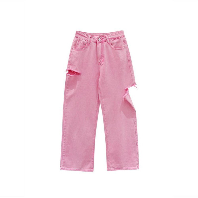 Side Ripped Jeans Women's High Waist Straight Slim Wide Leg Long Pants Pink - Shop at LoveMi
