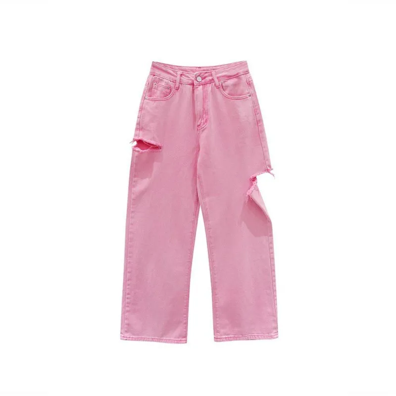 Side Ripped Jeans Women's High Waist Straight Slim Wide Leg Long Pants - Pink