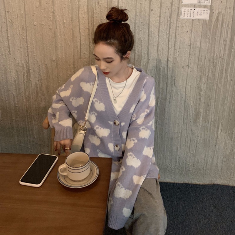 Soft Milk Blue Sweater Cardigan Coat Female Autumn Winter