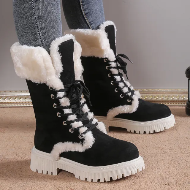Winter Lace up Snow Boots For Women Mid tube Fleece Shoes Warm Chunky Heels Plush Boot Black - Shop at LoveMi