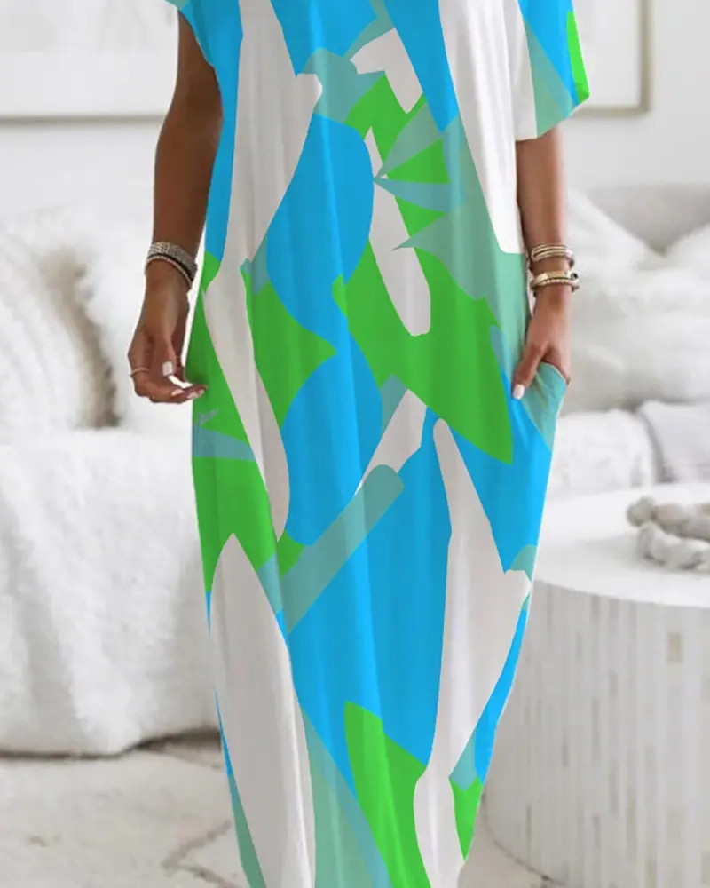 Fashion Crew Neck Short Sleeve Printed Loose Fit Dress
