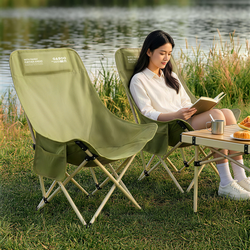Portable High Back Folding Moon Chair 92cm Padded Headrest Camping Chair With Side Pocket Carry Bag 600D Heavy Duty Metal Frame For Outdoor Beach Picnic 5 Colors Purple Green Khaki Black