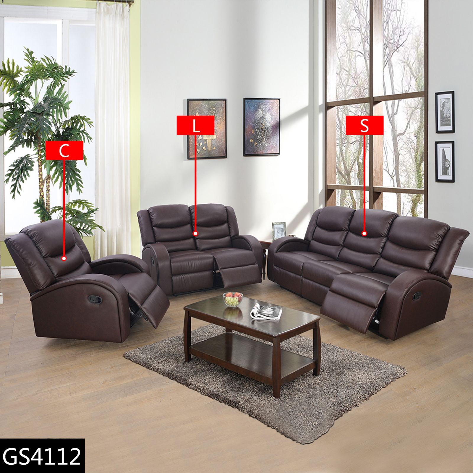 Pickup Only--Brown Faux Synthetic Leather 3-Piece Couch Living Room Sofa Set