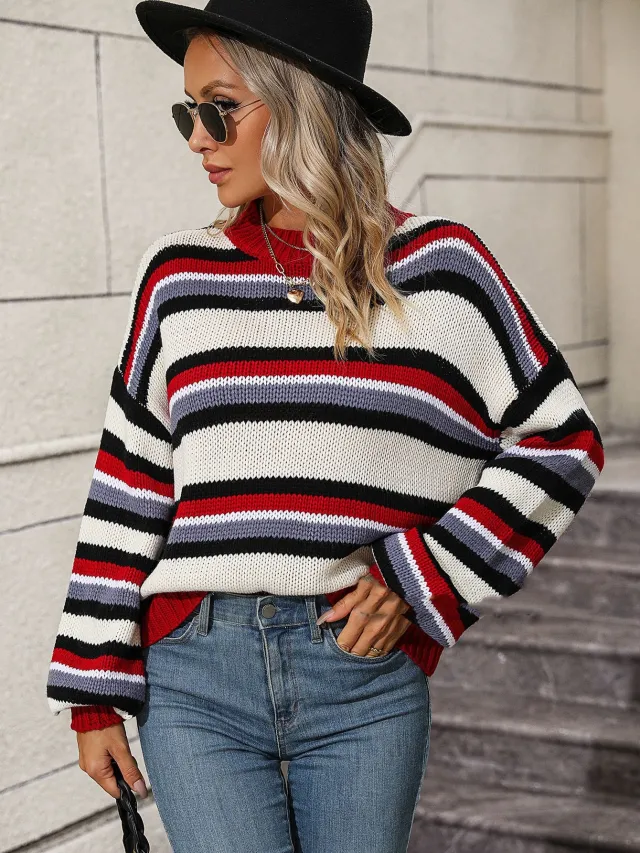 Women's Loose Round Neck Striped Sweater Red - Shop at LoveMi