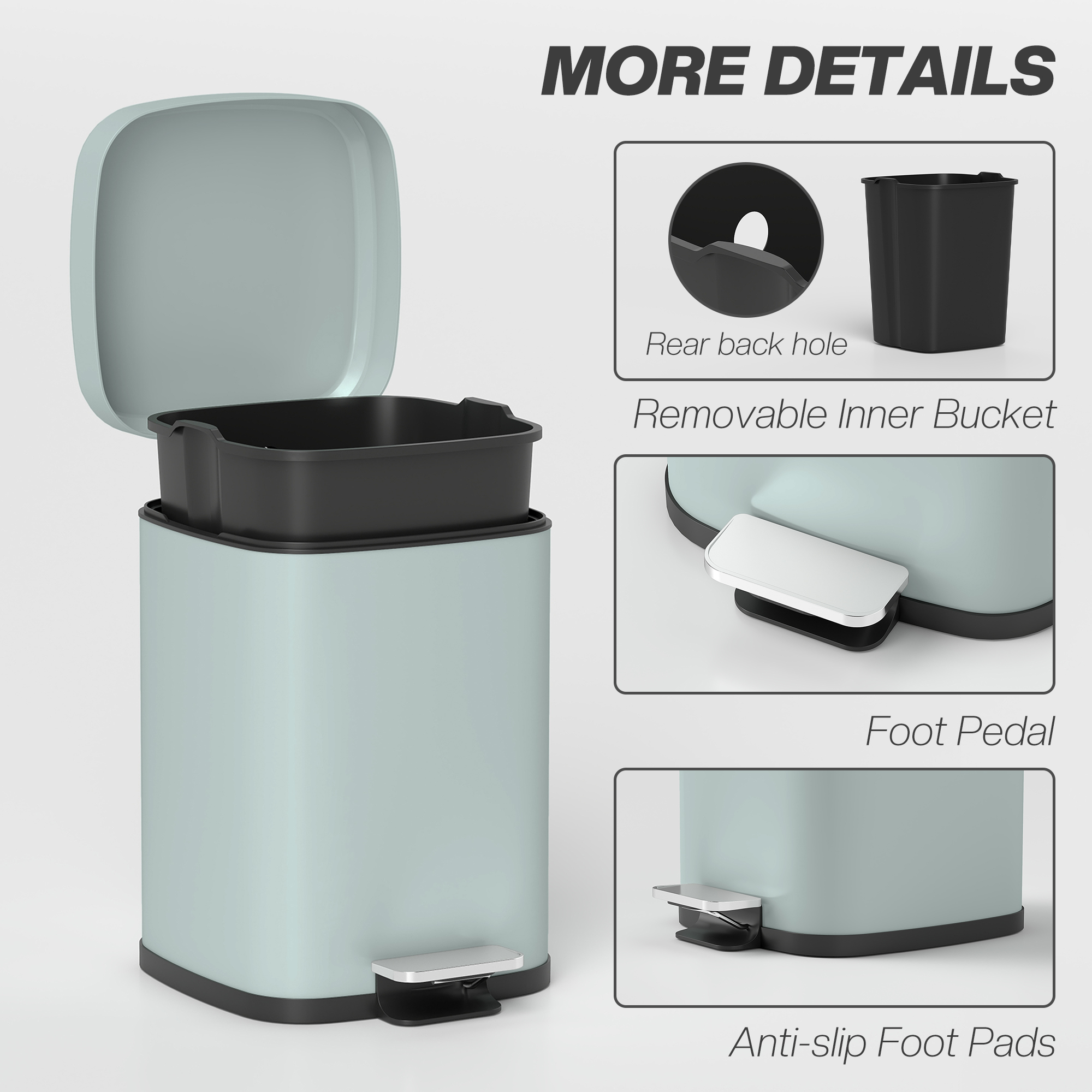 12 liter modern square metal kitchen trash can - light green