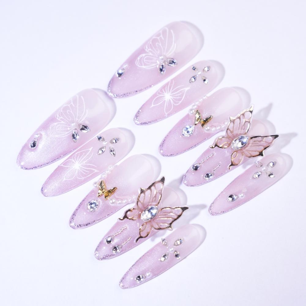 Gender Neutral Press On Nails Pink – Purple Gradient With Butterfly Art & Metal
