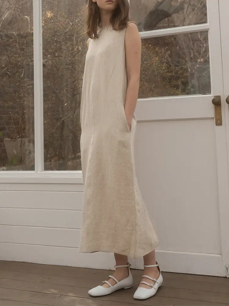 Pure Linen High Quality Sleeveless Mid-length Vest Skirt For Women