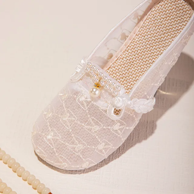 Summer Soft Sole Mesh Slip On Sandals For Women Breathable Outdoor Slippers With Oriental Embroidery Canvas Shoe Design Beige-35 - Shop at LoveMi
