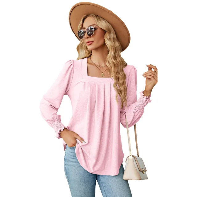 New Jacquard Pleated Square Neck T shirt Fashion Solid Color Long Sleeve Pullover Tops Womens Clothing Light Pink - Shop at LoveMi