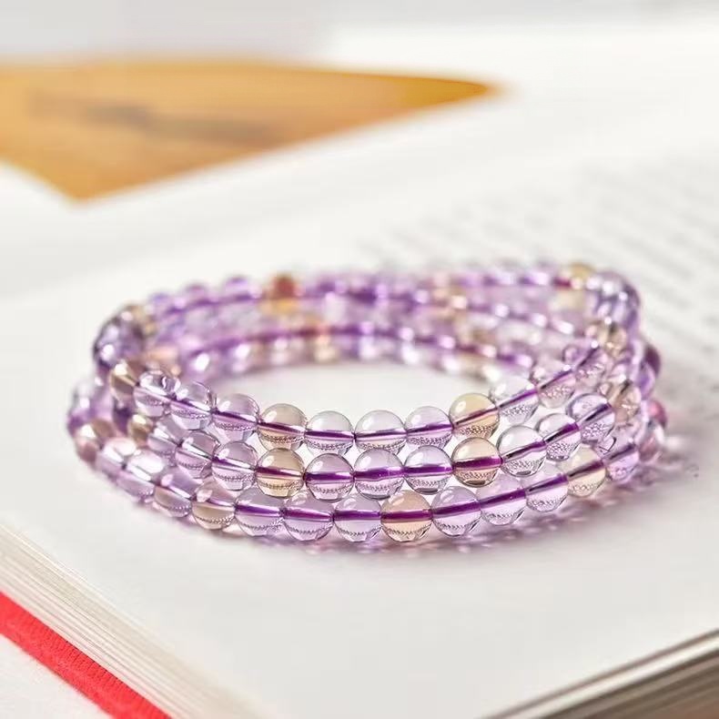 Natural Ametrine Bracelet Two Tone Round Beaded Chain Energy Jewelry For Women
