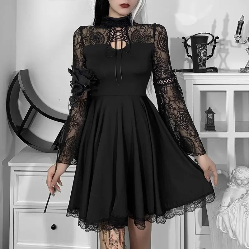Lace Mesh Panel Turtleneck Dress Hollow Flare Sleeve Short Skirt