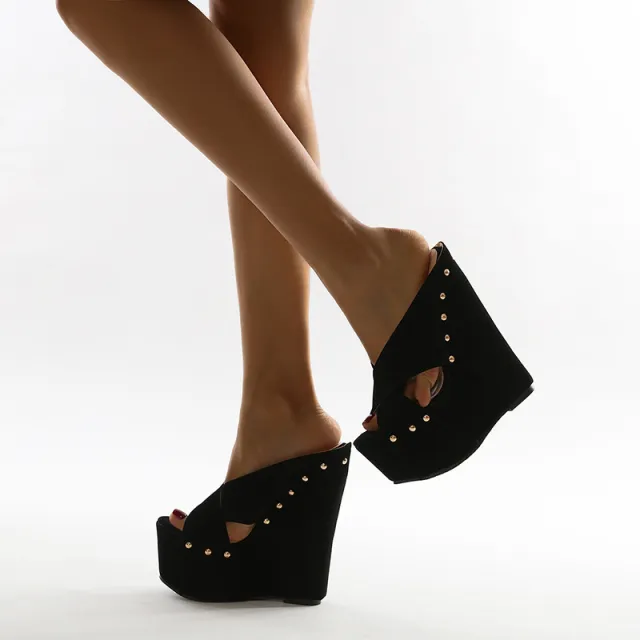 Women's Rivet Wedge Sandals And Slippers Black - Shop at LoveMi