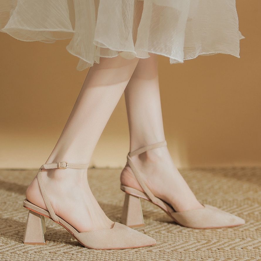French Elegant Closed Toe Sandals For Women, New Arrival Summer 2026, Ankle Strap High Heels, Nude Block Heel Pumps