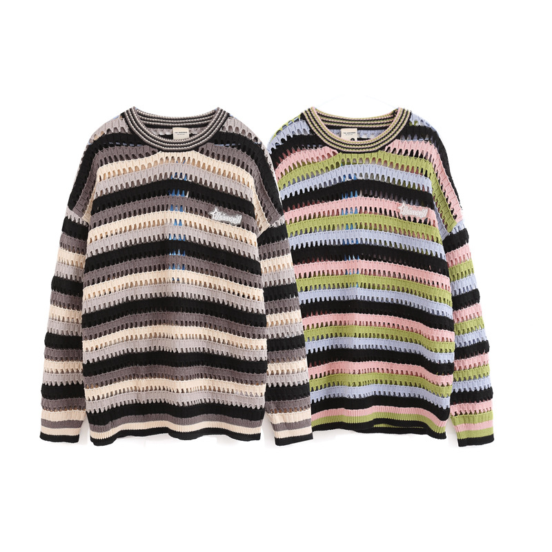 Title 2, Contrast Color Stripes Hollow Out Sweater Men