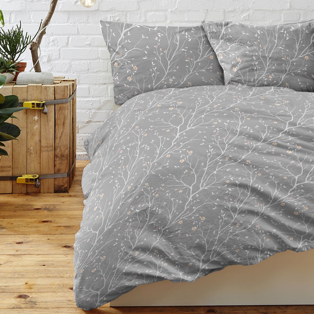 Grey Bed Set, 3 Pieces Branches Bedding, 1 Soft Reversible Botanical Flowers Comforter And 2 Pillow Shams
