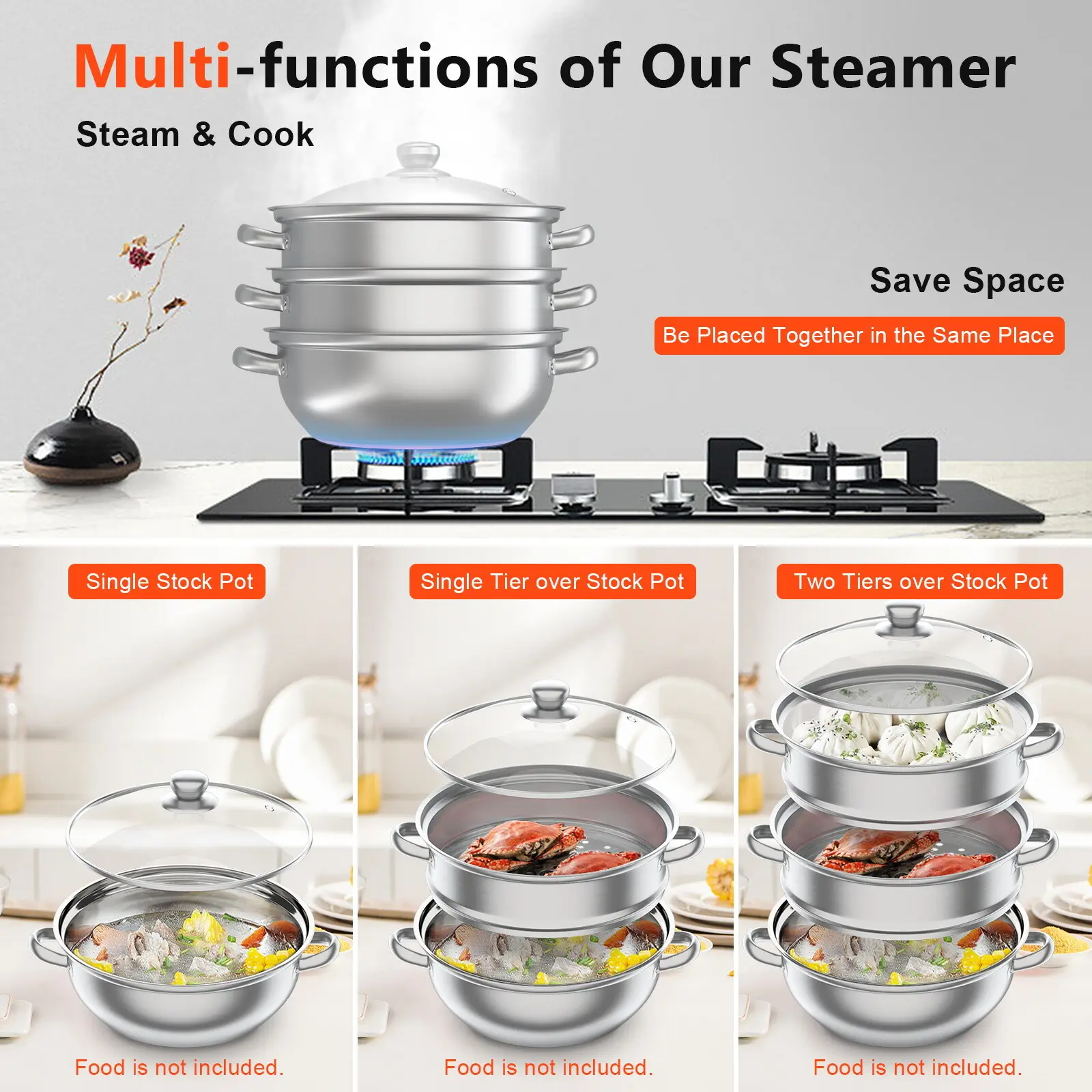 Three Tier Induction Hob Stainless Steel Steamer