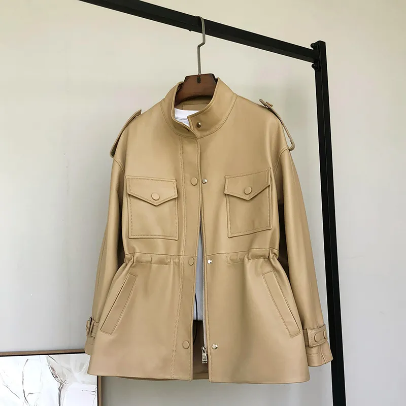 Small Waisted Leather Sheepskin Trench Coat - Apricot