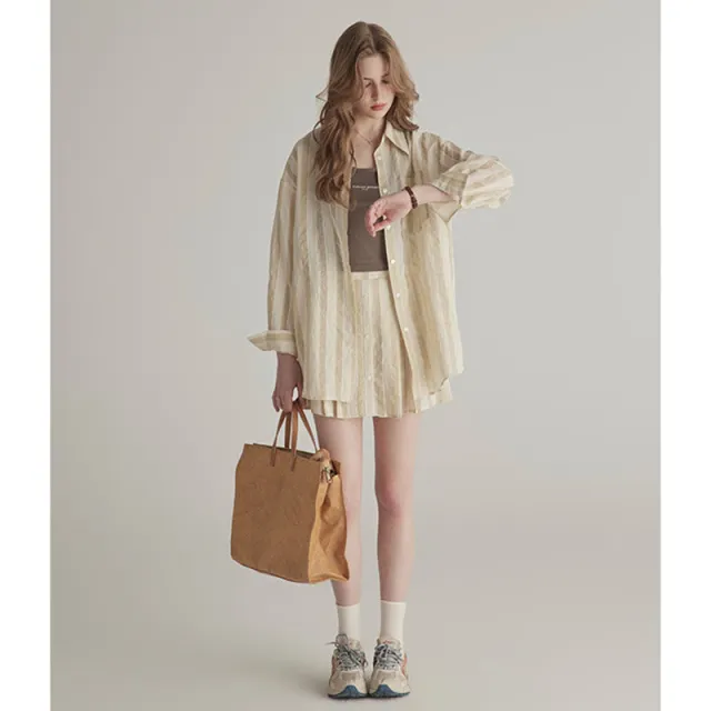 Summer High grade Sun proof Set Women's Loose Design Light Striped Shirt Top Temperament Waist controlled Short Skirt Beige Brown Suit - Shop at LoveMi
