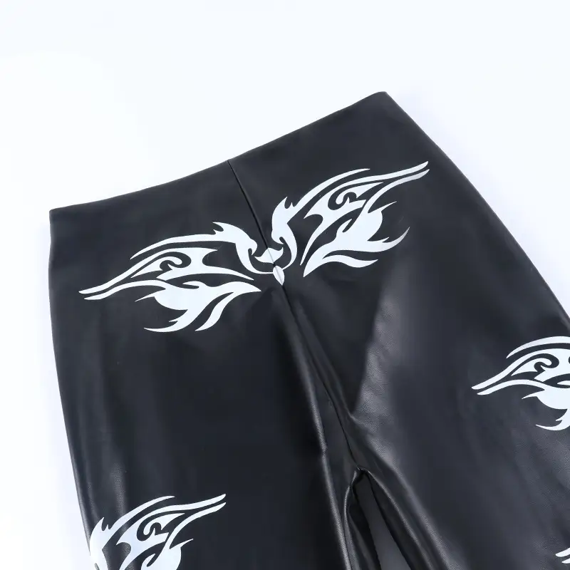 Black Printed High-waisted Abdomen-hip Wide-leg Leather Pants