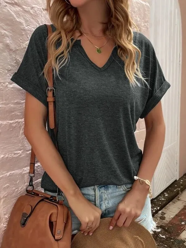 Women's New Solid Neckline Loose Short Sleeve T shirt Black - Shop at LoveMi