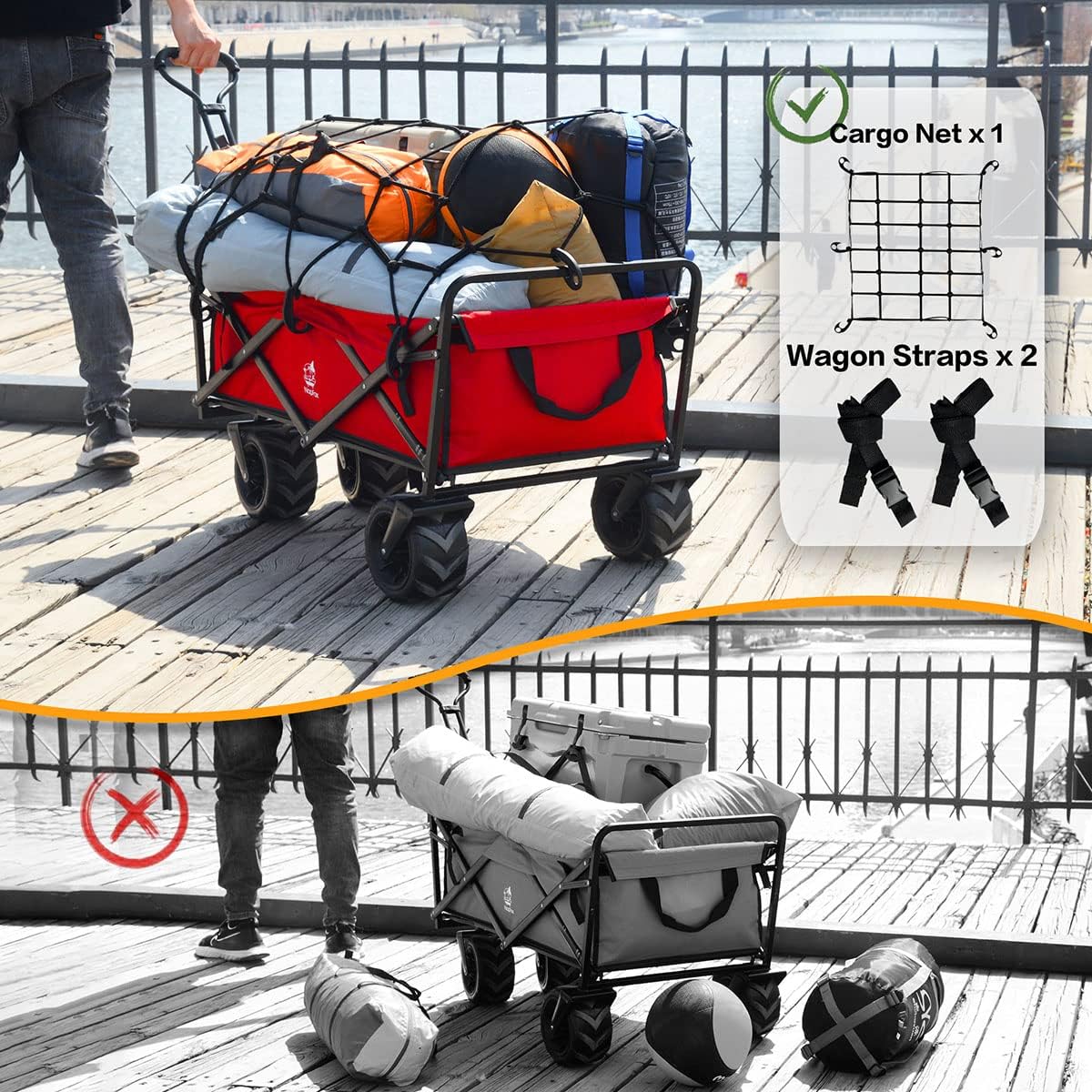 Collapsible Beach Wagon Cart with Universal Wheels. LARGE CAPACITY - Sets up in seconds, No assembly required! Outside Dimensions Approx: 38.9