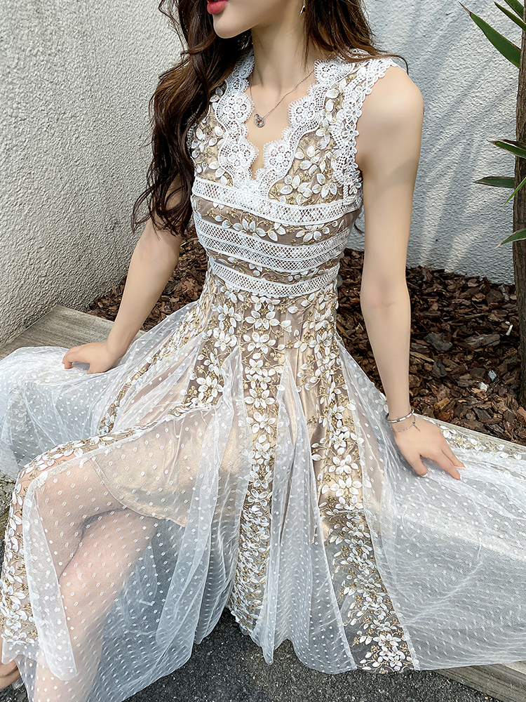 Ladies Lace Fairy Skirt Mesh Embroidery Waist White Dress Long Skirt