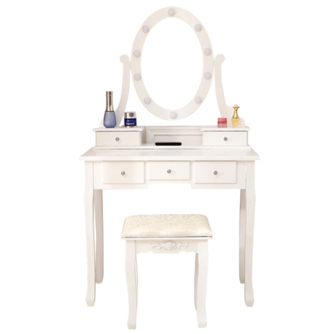 With Light Bulb Single Mirror 5 Drawer Dressing Table White 2
