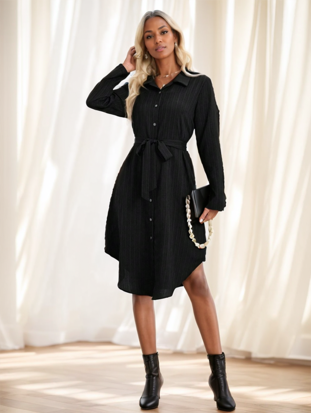 Women's Solid Color Long Sleeve Midi Dress Fall Women Dresses