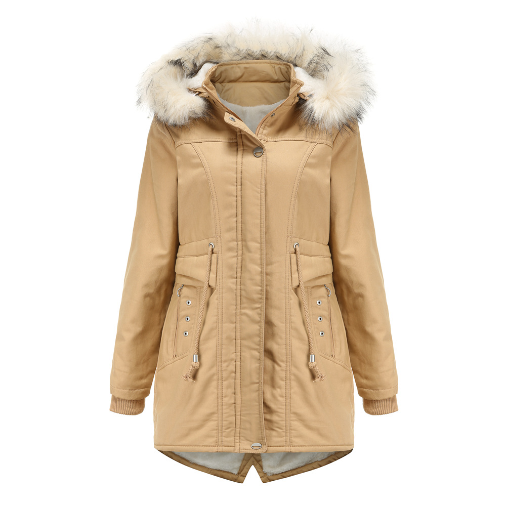 Mid length Detachable Hood And Fur Collar Women's Cotton Coat Khaki - Shop at LoveMi