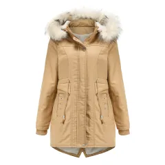Mid-length Detachable Hood And Fur Collar Women's Cotton Coat - Khaki - View 1