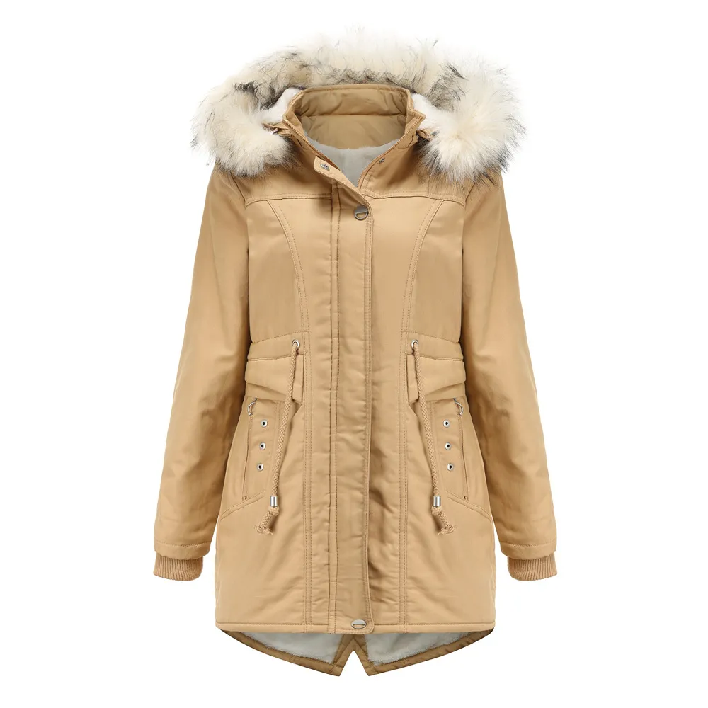 Mid-length Detachable Hood And Fur Collar Women's Cotton Coat - Khaki