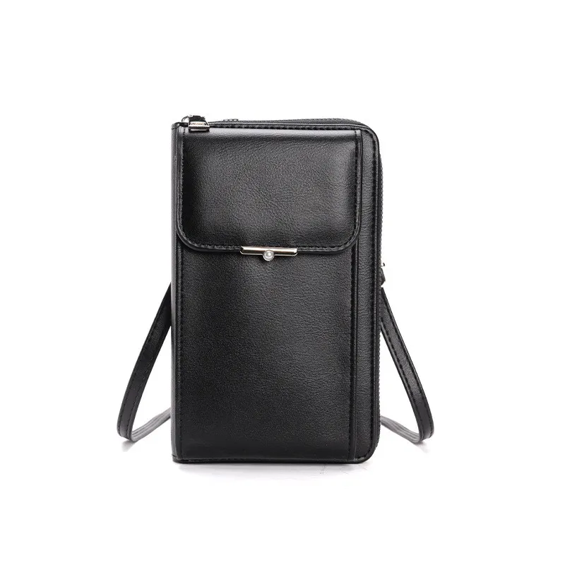Fashion Large Capacity Mobile Phone Bags Women Small Zipper Crossbody Shoulder Bag Long Wallet - Black