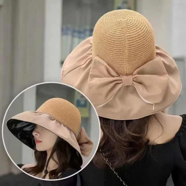 Summer Straw Sunhat With Large Brim And Big Bow Anti UV Fisherman Hat Outdoor Sunshade And Face Protection Hat Khaki - Shop at LoveMi