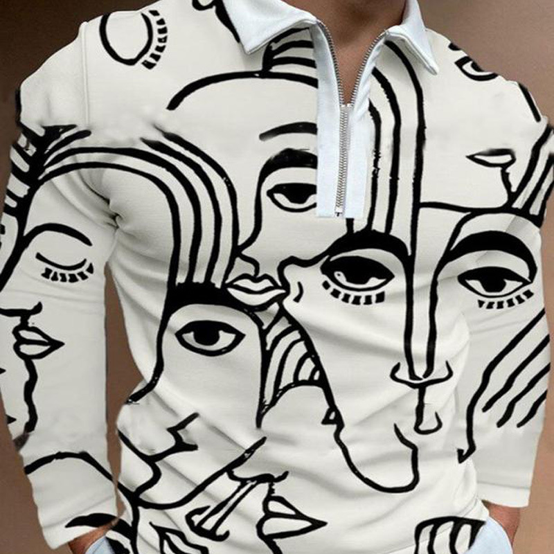 3D Digital Pattern Men's Wear Lapel Zipper Long-sleeved Men's Casual Polo Shirt
