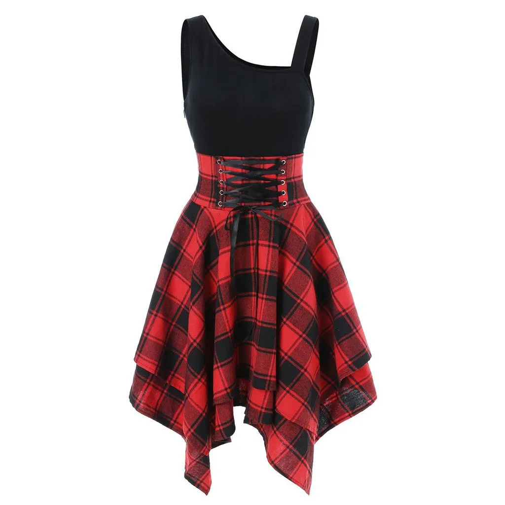 Fashion Plaid Suspender Elastic Waist Irregular Plaid Dress - Red