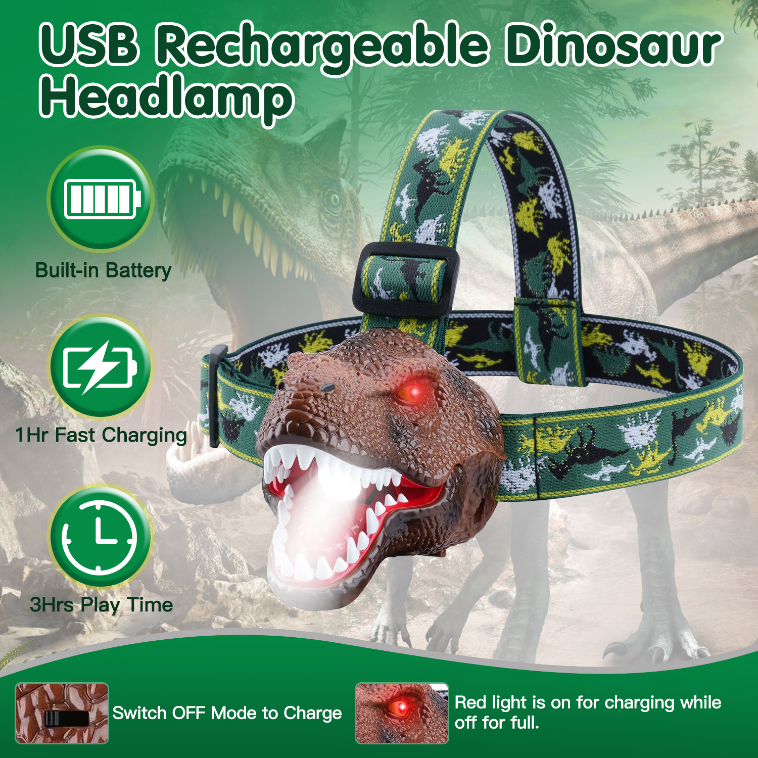1Pc Dinosaur Headlamp Kids Headlight Dinosaur Flashlight With Realistic Roar Sound 4 Modes Adjustable Headband Kid Camping Gear Unique Gifts For Boys