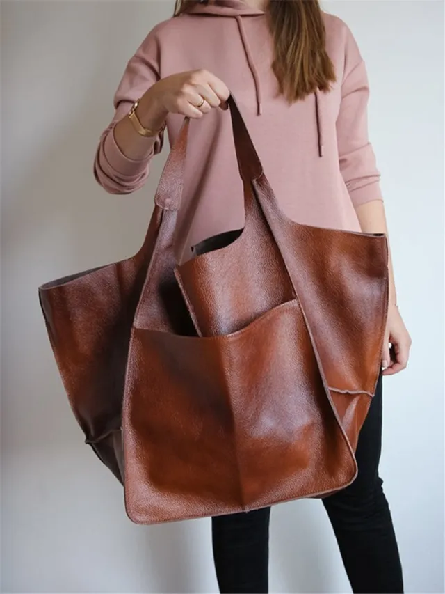 Simple Large Bag Soft Leather Large Capacity One shoulder Portable Tote Bag Brown - Shop at LoveMi