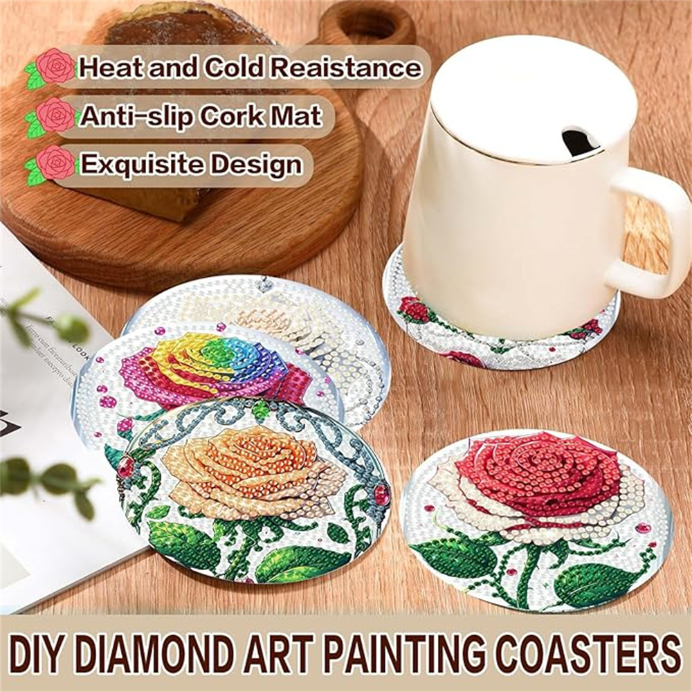 Diamond Art Drawing Coaster With Bracket, DIY Rose Pattern Diamond Art Coaster, Suitable For Adults And Beginners Diamond Drawing Kit, Diamond Kit Craft Supplies, Exquisite Gifts For Friends