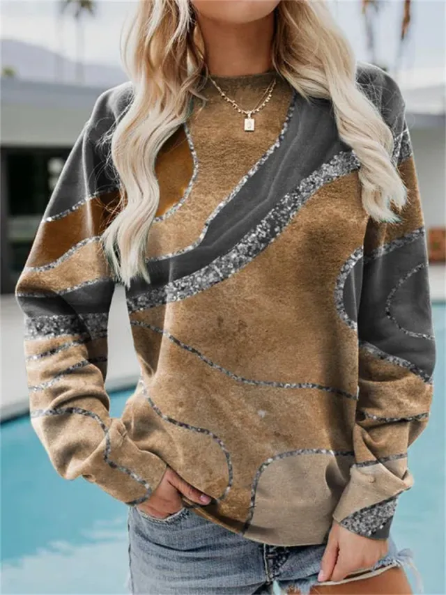 Geometric Loose Print Long Sleeve Crew Neck Sweater 1 Style M - Shop at LoveMi
