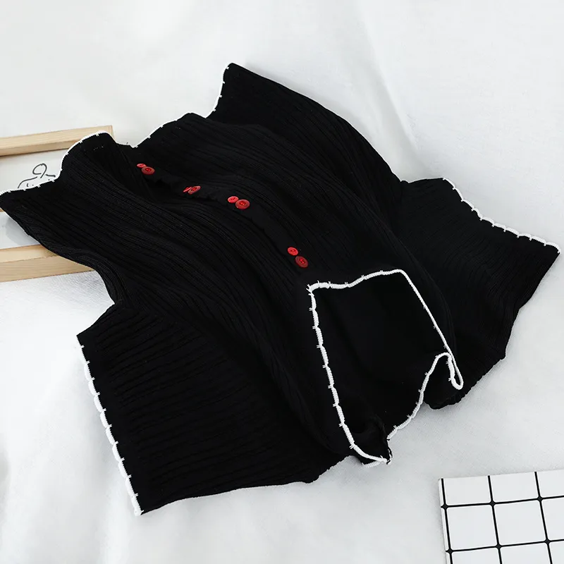 Round Neck Top Short Knit Sweater Women's Thin Short Sleeve T-shirt Shirt - Black