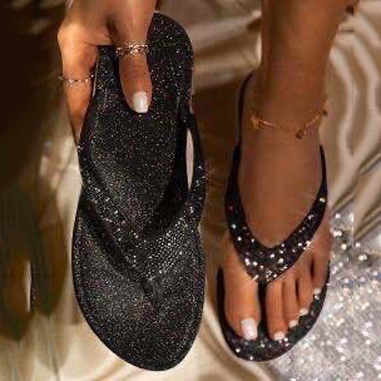 Fashion Simple Ladies Flip Flops Rhinestone Sandals Black - Shop at LoveMi