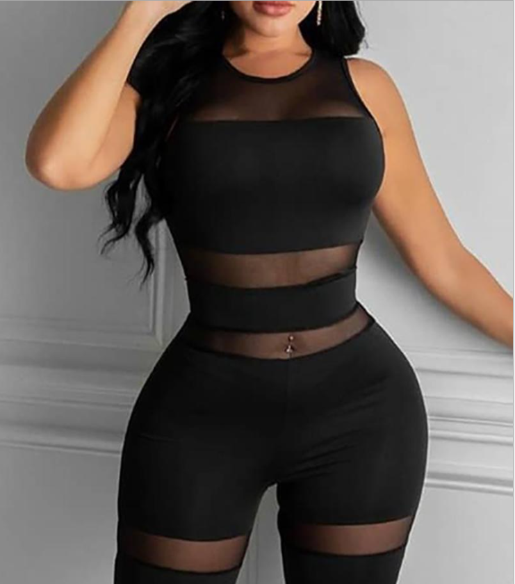 European And American Women's Black Mesh Stitching Jumpsuit