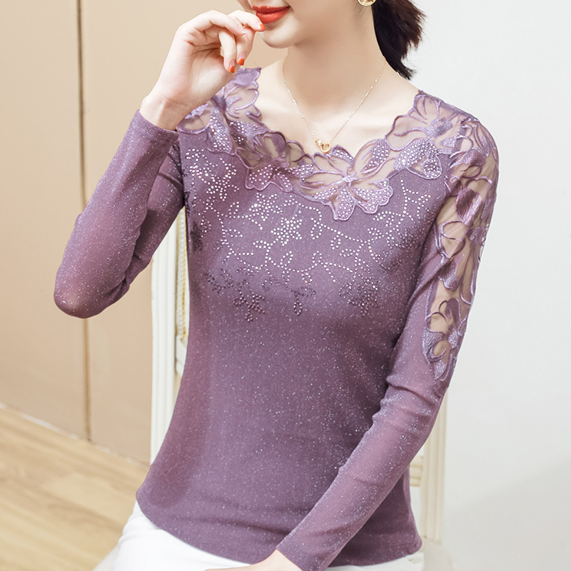 Western Style Diamond Long-sleeved Ladies Blouse