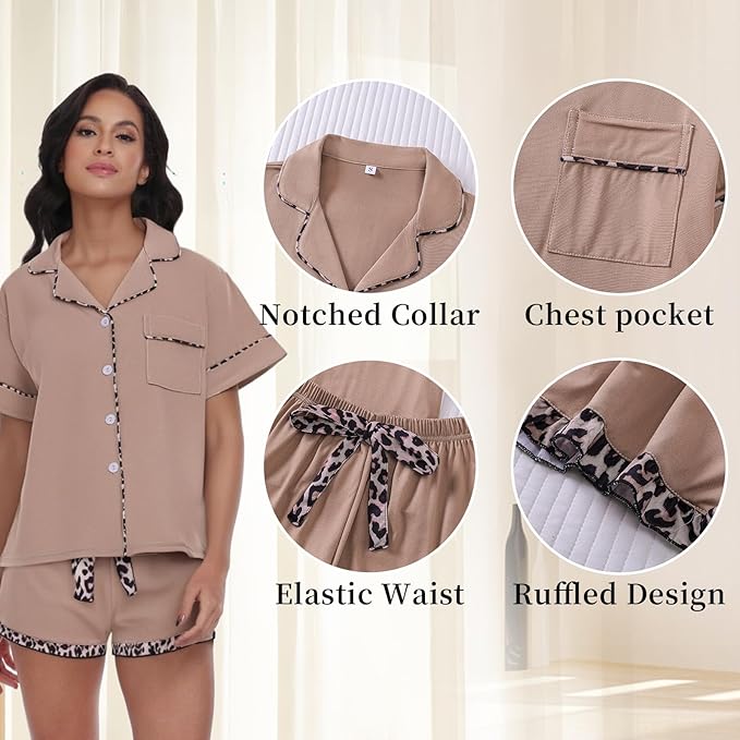 Rongtai Summer Pajamas For Women Set Short Sleeve Button Down - Brown-XL — image 4