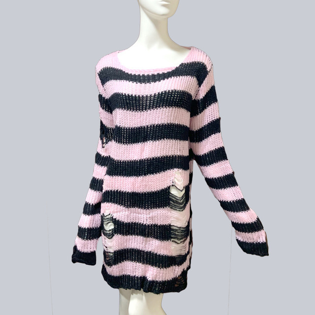 Title 5, Womens Striped Loose Knitwear With Ripped Mid-l...