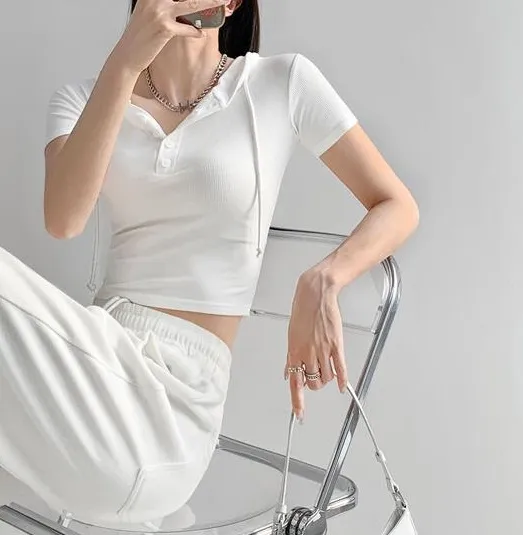 Women's Summer Sports Style Button Hooded Short Sleeve T shirt White - Shop at LoveMi