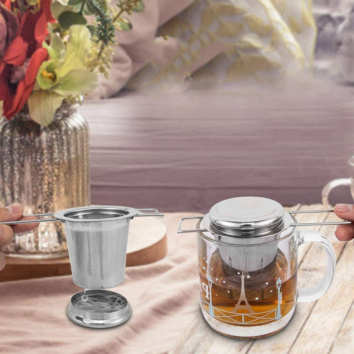 Stainless Steel Tea Strainer With Dual-Purpose Lid & Foldable Handle Fine Mesh Tea Strainers For Loose Tea Large Capacity Tea Infuser For Loose Tea Fits Mugs, Cups & Teapots Easy Clean Tea Infus
