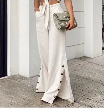 Spring Fashion High Waist Cotton Linen Wide Leg Pants White - Shop at LoveMi