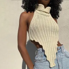 Women's Solid Colour Turtleneck Irregular Slim Fit Knit Tank Top - Apricot - View 1